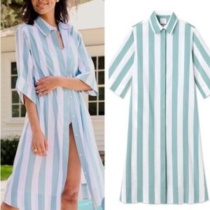 Atlantic Pacific X Lake Azure Blue White Striped Marine Caftan Midi Dress Sz M